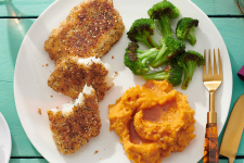EVERYTHING CRUSTED COD WITH SWEET POTATO MASH AND ROASTED BROCCOLI