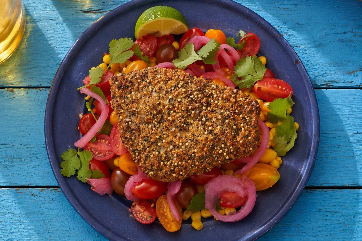 Everything Crusted Flounder Summer Corn & Tomato Salad