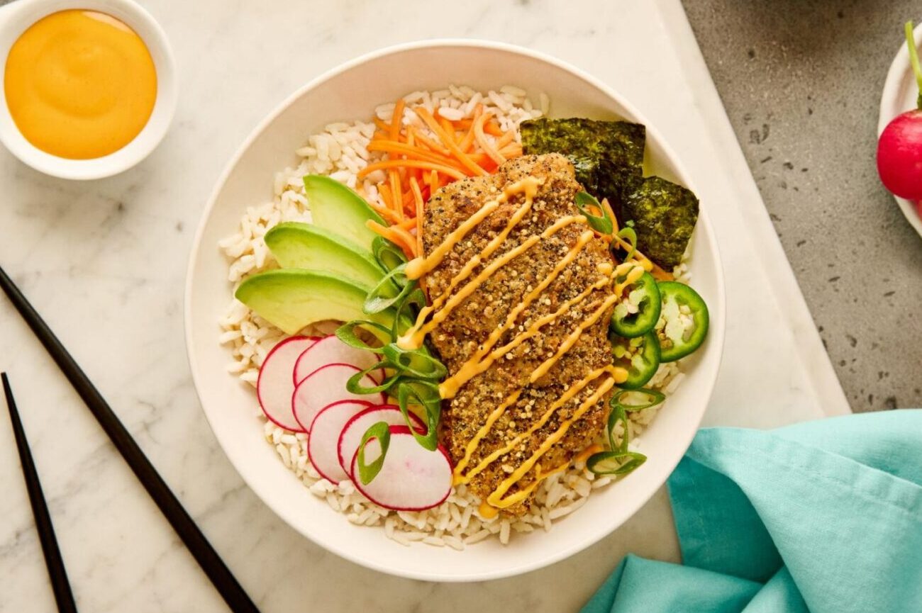 Everything Crusted Flounder Rice Bowls